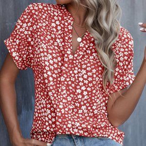 New Floral Print Batwing Sleeve Blouse Red